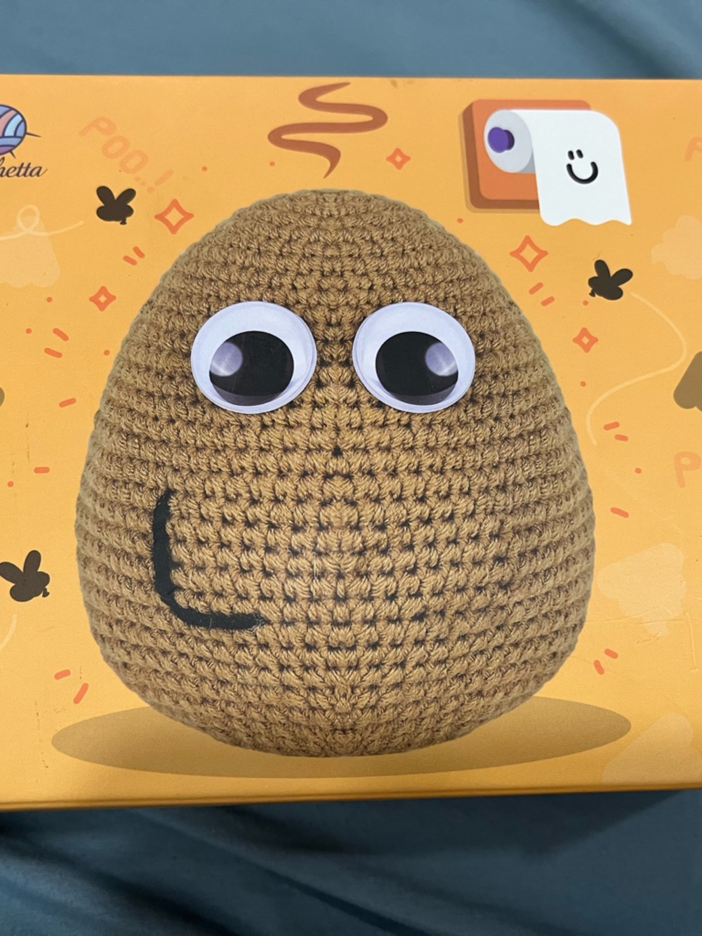 Plush Crochet Poo Emoji Toy in Light Brown with Googly Eyes